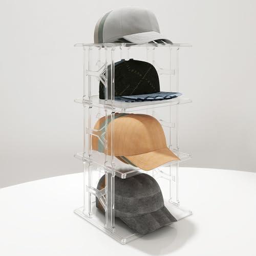 koretech Hat Organizer Box, 4 Tier (Up to 12 Hats) Stackable Clear Hat Display Case Baseball Cap Holder Stand, Hats Display Rack Tabletop