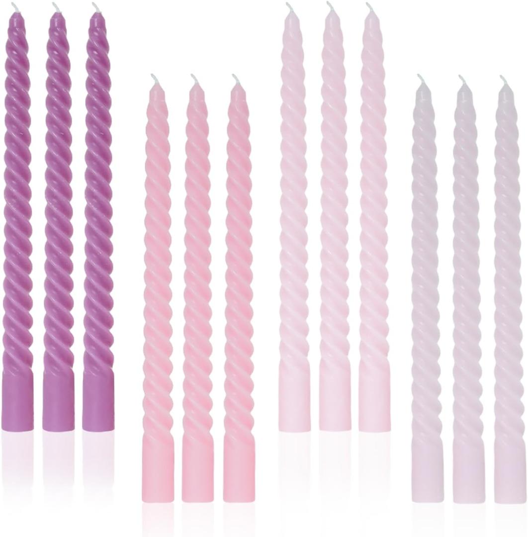 Purple Gradient Tall Taper Candles Spiral Candle Sticks,Unscented Pastel Candle for Holiday,Wedding and Home Decoration,10inch,12 Pack(E-Purple Gradient)