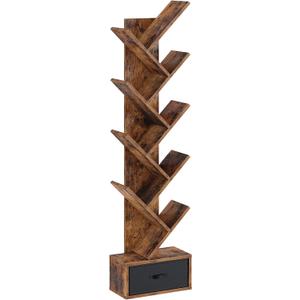 Rolanstar Tree Bookshelf with Drawer, 9 Shelf Bookshelf, Wooden Bookcase Storage Rack for CDs/Movies/Books, Corner Bookshelves, Utility Organizer Shelves for Living Room, Bedroom, Rustic Brown