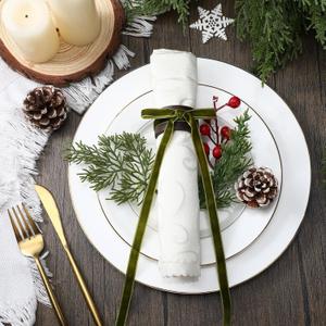 12 Set Christmas Napkin Rings Wooden Bow Napkin Rings Velvet Bow Holder for Holiday Birthday Party Anniversary Dinner Wedding Dining Table Decoration (Olive Green)