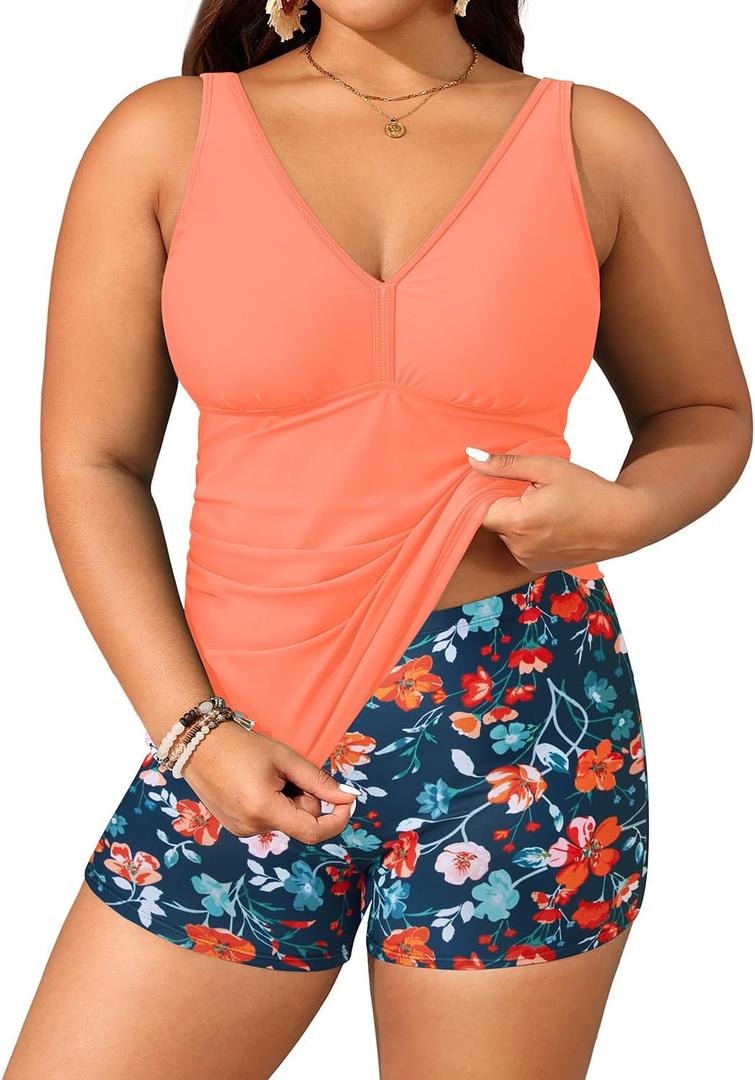 Yonique Womens Plus Size Swimsuits with Shorts Tummy Control Tankini Two Piece Bathing Suits Athletic Swimwear, 14W