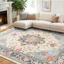 RELEANY Vacuum-Friendly Area Rugs 8'x10' Machine Washable, Non-Slip, Floral Vintage Distress Print Pattern Medallion Carpet for Living Room Bedroom Beige Navy Blue Orange Colorful
