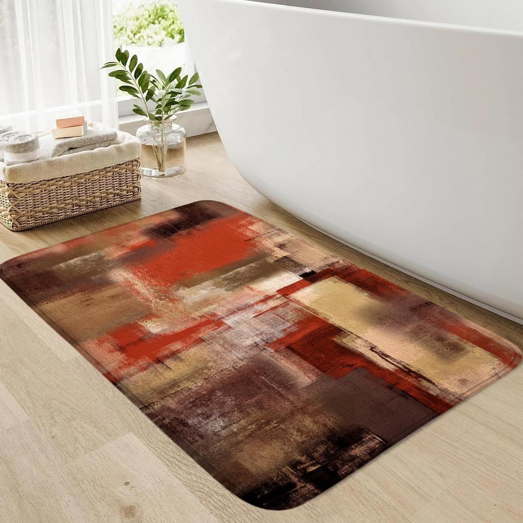 Red Orange Abstract Bath Rug, Modern Art Brown Rust Painting Bath Mat Sets for Bathroom, Soft Non Slip Floor Rugs 17X29 Inch
