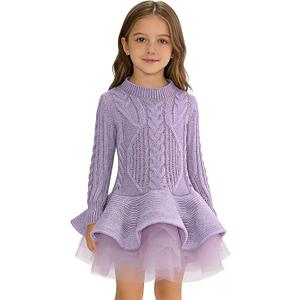 Plustrong Girl's Winter Sweater Tutu Dress Cable Knit Long Sweaters for Toddler Girl (Purple Tutu, 5T)