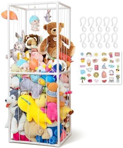 SOAR ON WINGS 63'' Large Stuffed Animal Storage Organizer, Sturdy 1.8mm PVC Toy Holder with Elastic Bands, 10 Hooks & Sticker for Nursery and Playroom