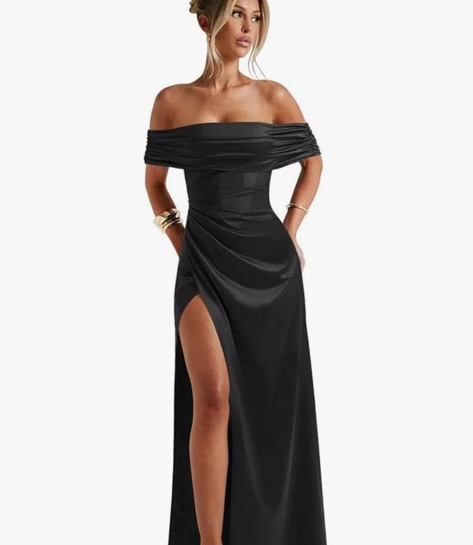 Off Shoulder Mermaid Prom Dresses Long Pleated Satin Formal Evening Gown with Slit L