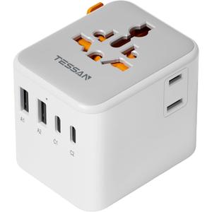 TESSAN Universal Power Adapter, International Travel Adapter with Extra 2 Prong AC Outlet, 4 USB Ports (2 USB C), Worldwide Plug Adaptor for US to Europe Italy UK Australia Ireland (Type C G A I)