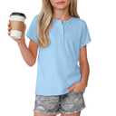Vinsatin Girl's Short Sleeve Shirts Henley Round Neck Button up Tops Loose Fit Summer Basic Tees(11-12 Years,Light Blue) (Blue)
