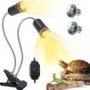 Reptile Heat Lamp with Dual Head, UVA UVB Light for Aquarium Turtle Tank, with 2 * 50w Basking Bulb and 360 Swivel Clamp Stand for Tortoise, Snake, Frog, Lizard. Halogen, Yellow Light