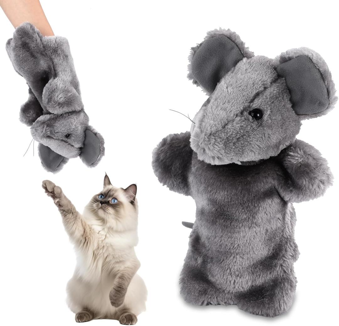 Cat Wrestling Toy Puppet Glove, Mouse Shape Cat Interactive Toy with Protective Pad Plush Animal Hand Puppet Doll for Pet Kitten Indoor Safe Fun Play Gifts, Training and Exercise (Gray)