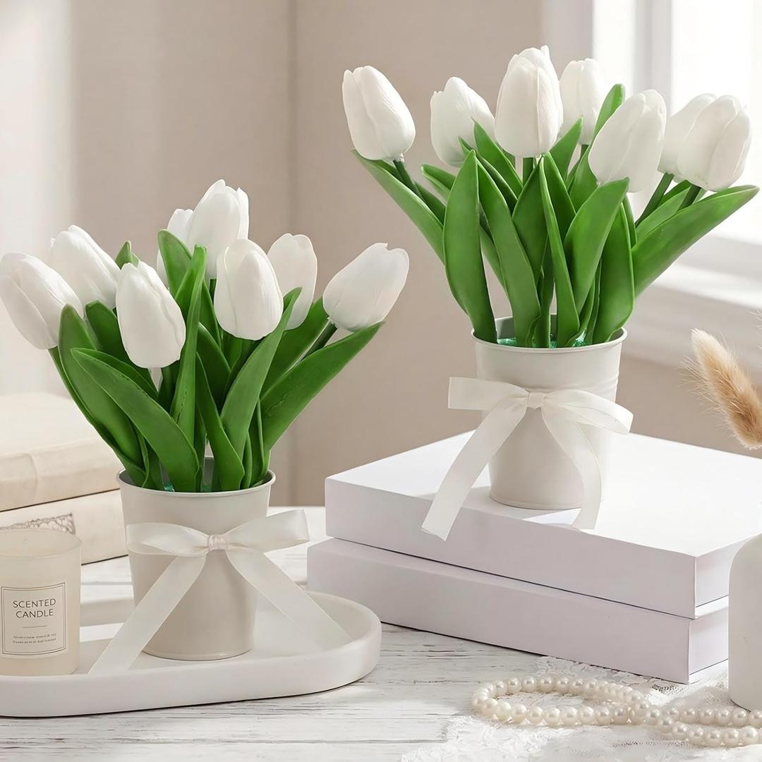 Suncalla 2 Pack Small Artificial Tulips Plant in Pots Faux Flower Potted Plants White Arrangement Rustic Home Decor 7.9" Tall for Farmhouse Table Centerpiece Windowsill Country Indoor Decor