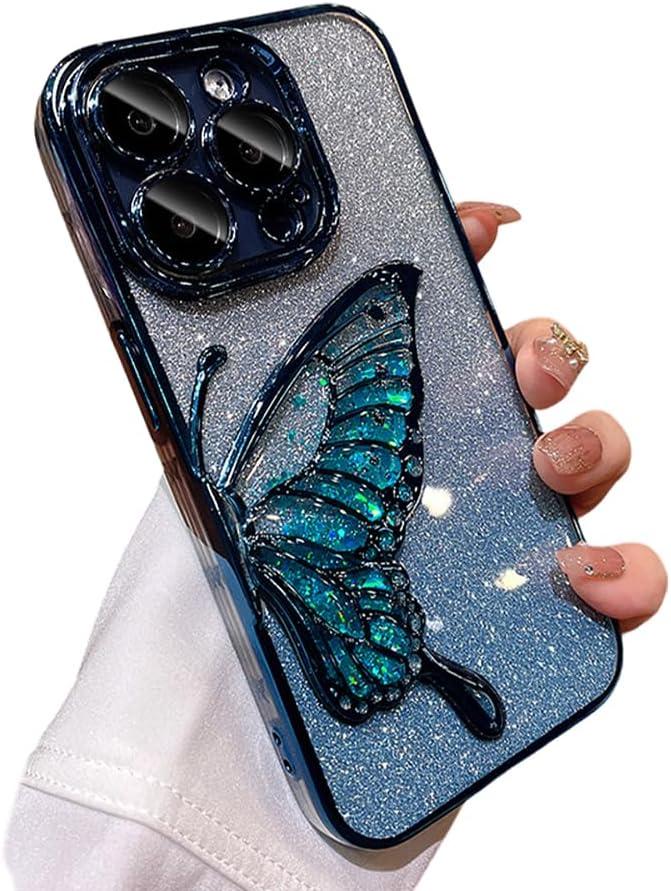 Designed for iPhone Case,Luxury Electroplated Liquid Floating Gradient Glitter Quicksand Butterfly Clear Shockproof Protective Cover Phone Case (Blue,iPhone 15 Pro Max)