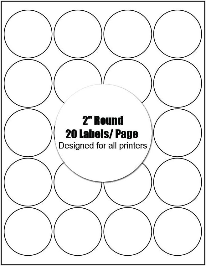 Round Labels, 2 inches in Diameter, for Inkjet and Laser Printers, 20 Labels per Sheet (500 Labels = 25 Sheets). (8.5X11/20)