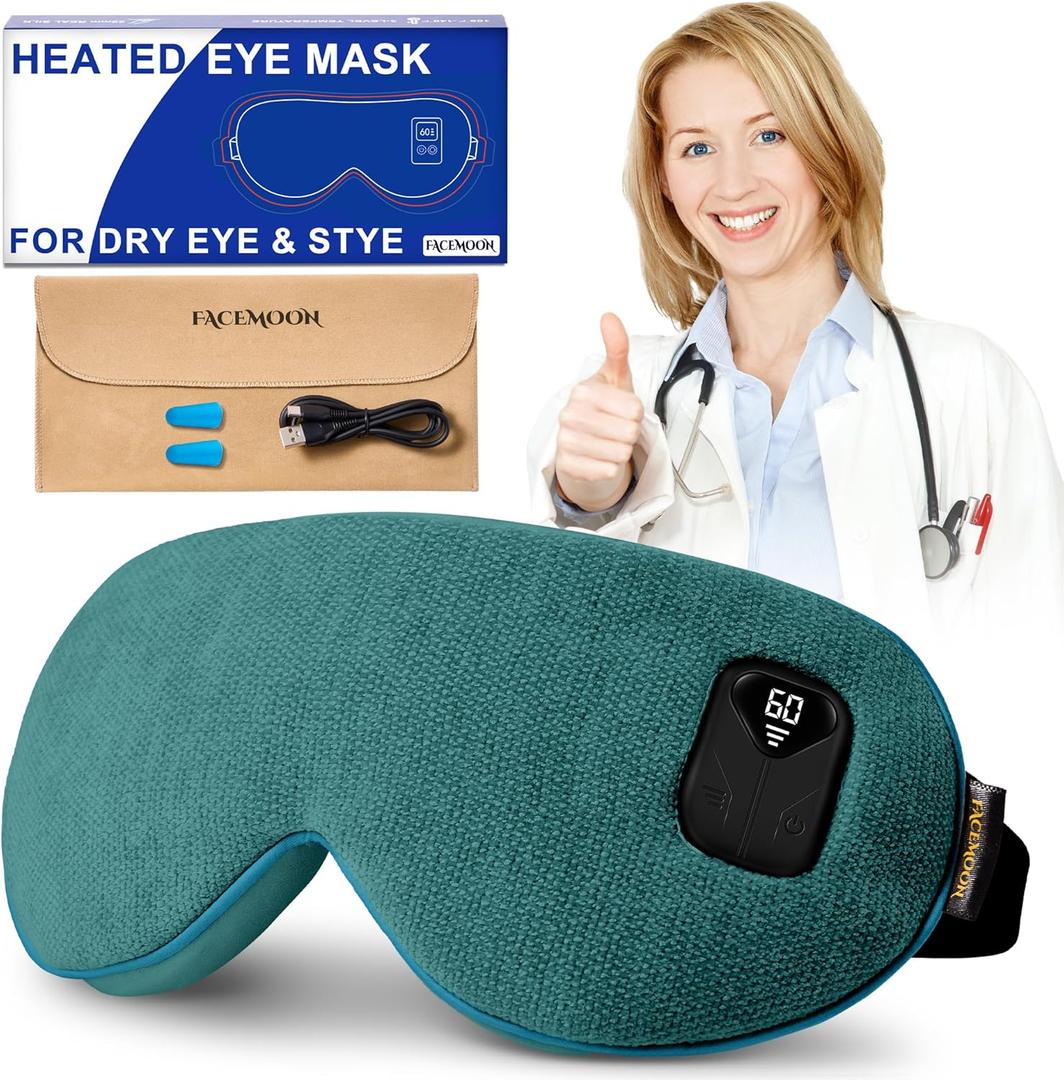 FACEMOON Heated Eye Mask for Dry Eyes: Electric Warm Compress for Blepharitis Stye Tired Eyes - Cordless Moist Heat Relief Heating - Stable Temp 1500 Mah Rechargeable Washable Green