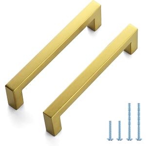 JOY DECOR 10 Pack Cabinet Handles, Gold Cabinet Pulls, 5 Inch Kitchen Handles Square Drawer Pulls Stainless Steel Drawer Hardware, 128mm Hole Center