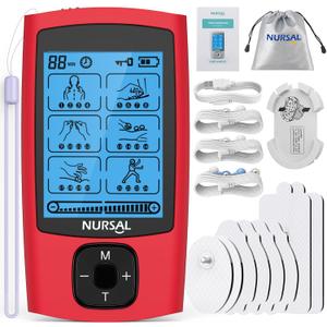 NURSAL 24 Modes TENS Unit Muscle Stimulator, Rechargeable Electronic Pulse Massager with 8 Pads for Back and Shoulder Pain Relief and Muscle Strength (Red)