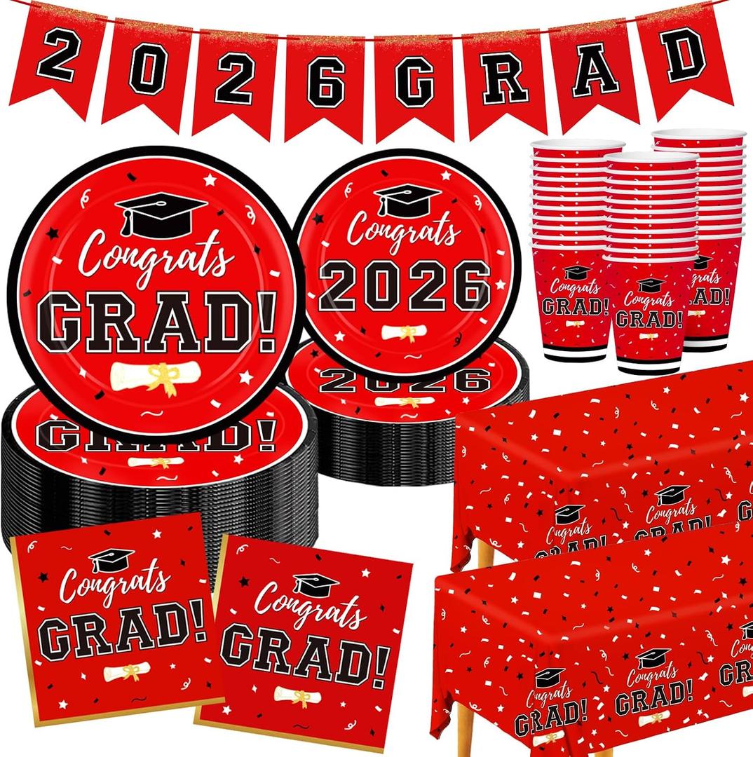 Graduation Decorations 2026 Disposable Red Graduation Tableware Kit for 25 Guests Plates Napkins Cups Tablecloth Hanging Graduation Party Decorations 2026