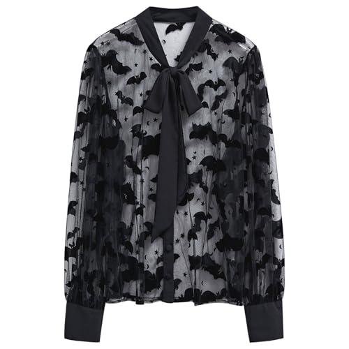 CHICWISH Women Mesh Tops Velvet Bats Printed Casual Shirt Self Tie Knot V Neck Long Sleeve Halloween Holiday Buttoned Blouse Black, L/XL
