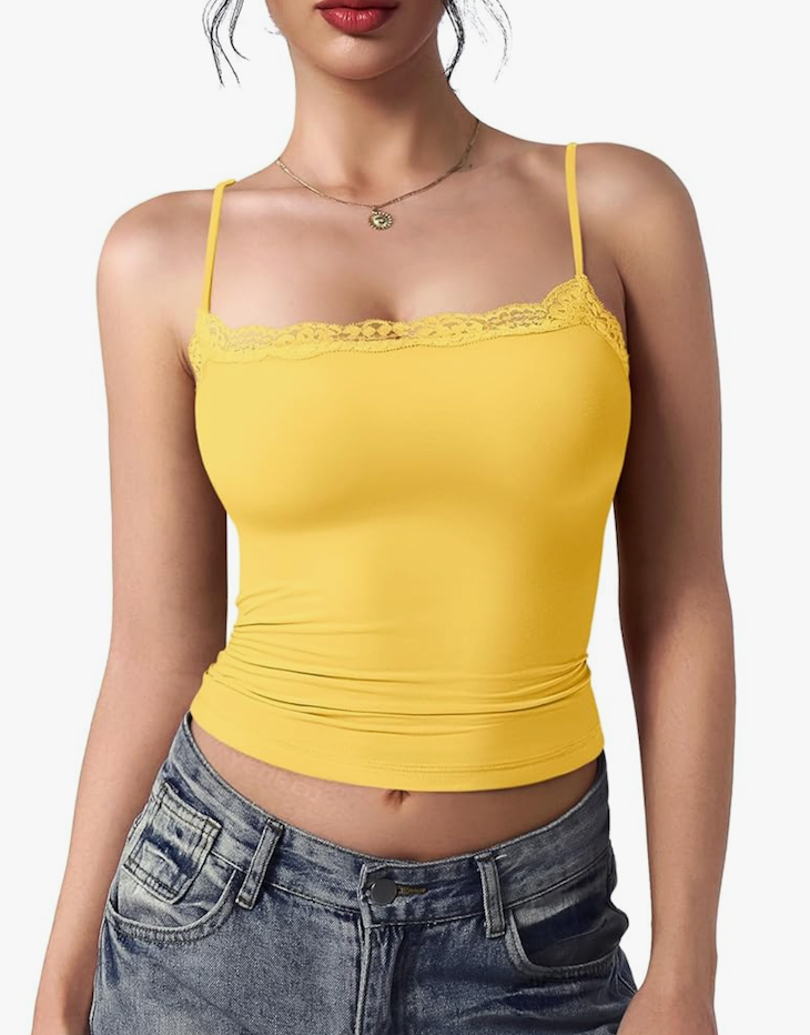 YEOREO Women Lace Cami Y2K Square Neck Double Lined Sexy Strap Tank Top Sleeveless Going Out Party Club Basic Shirt