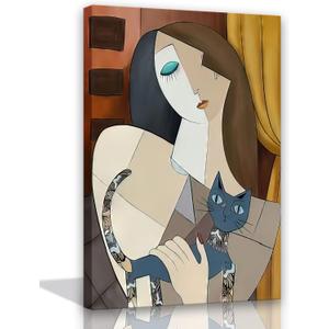 Picasso Style Woman with Cat Wall Art – Abstract Cubist Canvas Painting – Modern Home Décor Wall Art Prints – Gallery Wrapped Canvas Picture for Living Room Bedroom Office – 16x24