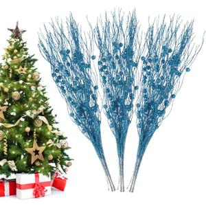 Christmas Artificial Glitter Berry Stem Decorations Decorative Bead Sticks Xmas Picks Glittery Twigs Branches for Christmas Tree Wreath Gift Vase Decor Party Ornaments Blue 24 PCS