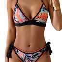 Aidonger Bikini Sets for Women Floral Two Piece Bathing Suit V Neck Shell Stitched Swimsuit Tie Side Triangle Swimwear S