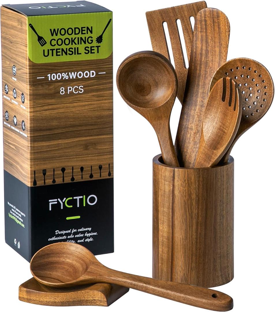 8 PCS Acacia Wooden Utensil Set with Holder, Spoon Rest, Durable Wooden Spoons for Cooking, Heat-Resistant, Comfort Grip,Easy to Clean, Non-stick Friendly, Ideal for Gifting