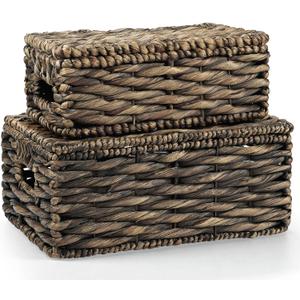 Set of 2 Black Wicker Baskets with Lid