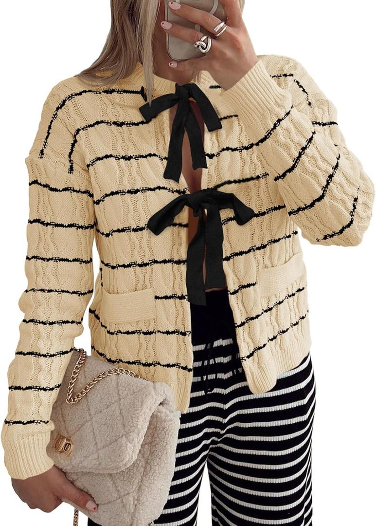 Saodimallsu Womens Striped Tie Front Cardigan Sweaters Crew Neck Long Sleeve Cable Knit Bow Knot Trendy Sweater Tops (Beige)