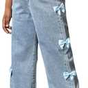 WDIRARA Girl's Cute Bowknot Elastic Waist Jeans High Waisted Straight Leg Denim Pants, Blue Size 12yrs