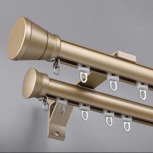 Double Curtain Track Wall Mounted, Roman Rod for Curtain, Aluminum Heavy-Duty Silent Rail, Sliding Curtain Track System with Silent Rollers, for Room Divider Living Bedroom Room (Gold, 3.6ft)