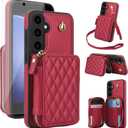 Phone Case for Samsung Galaxy S23 FE 5G Wallet Cell Cover with Tempered Glass Screen Protector Wrist Crossbody Strap Stand Lanyard RFID Blocking Credit Card Holder S 23 EF S23FE 23S Women Girls Red