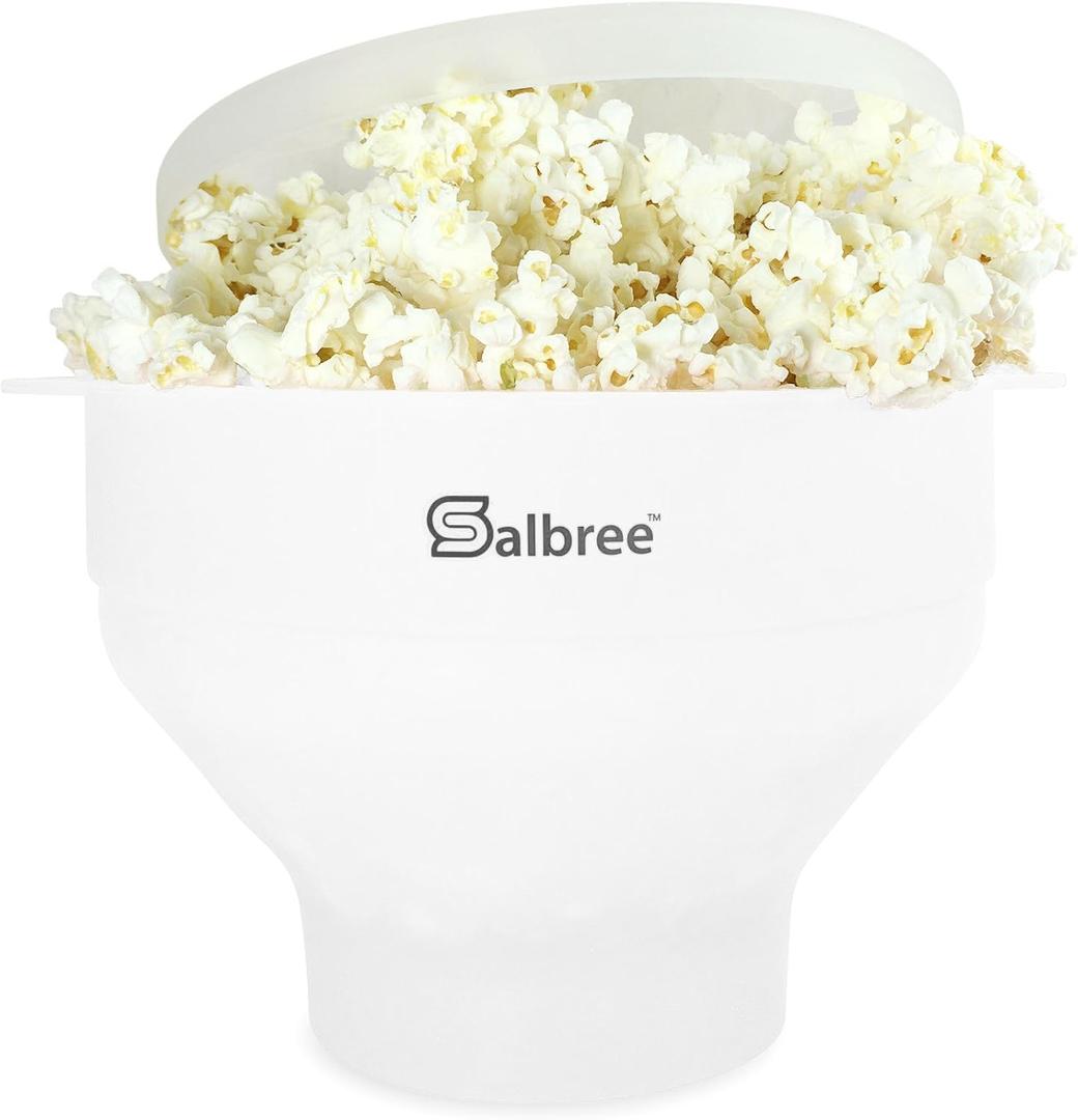 The Original Salbree Collapsible Silicone Microwave Popcorn Popper Maker Machine, Microwavable Bowl Holds 16 Cups, Uses Hot Air and Oil Always Optional - (White)