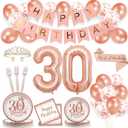 30th Birthday Decorations for Her - Rose Gold 30 Birthday Decorations, 30th Birthday Plate, Napkin, Fork, Happy Birthday Banner,Balloons Set,Fabulous Birthday Queen Crowns and Sash Etc (30th)