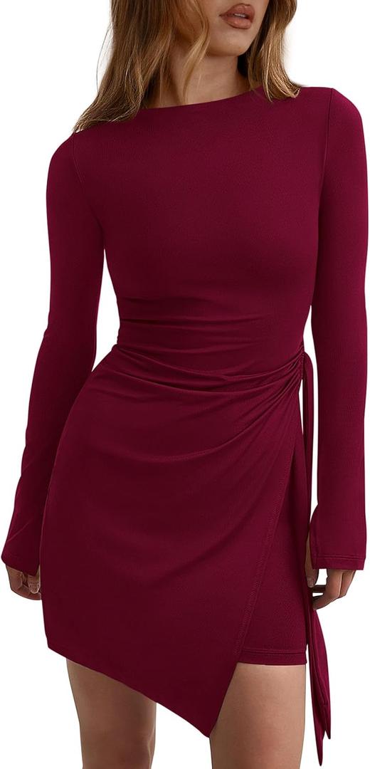 PRETTYGARDEN Women 2025 Mini Bodycon Dresses Long Sleeve Ruched Fitted Short Night Out Trendy Party Club Outfits Fall Clothes (Red, L)