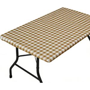 Rectangle Picnic Table Cloth, Elastic Waterproof Fitted Vinyl Tablecloths for 4 Foot Tables, Wipeable Flannel Backed Table Covers for Dining, Camping, Outdoor(Khaki Plaid,24"x48")