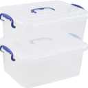 2 Packs 8 Quart Plastic Stackable Storage Boxes with Transparent Lid and Deep Blue Handle