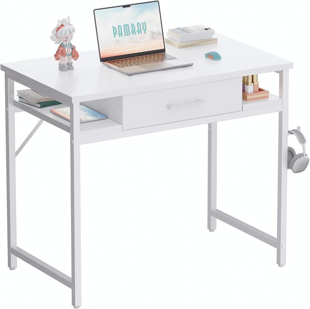 Pamray 32 Inch Small Computer Desk with Drawer and Shelves Simple Study Work Table for Bedroom White