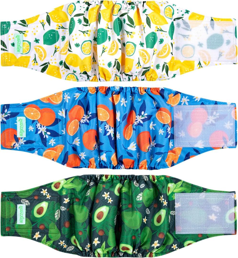 wegreeco Washable Male Dog Belly Band (Stylish Pattern)- Pack of 3 - Washable Male Dog Belly Wrap, Dog Diapers Male (Fruit, Small) (Small (11" to 14"))