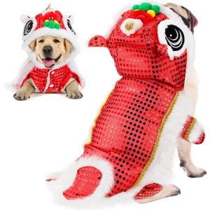 LEIFIDE Lion Dance Dog Costume Chinese New Year Pet Costume with Sequins Chinese Lion Dance Cloth Dog Clothes Hoodies Coat for pet New Year Spring Festival Dress up (4X-Large,Red)