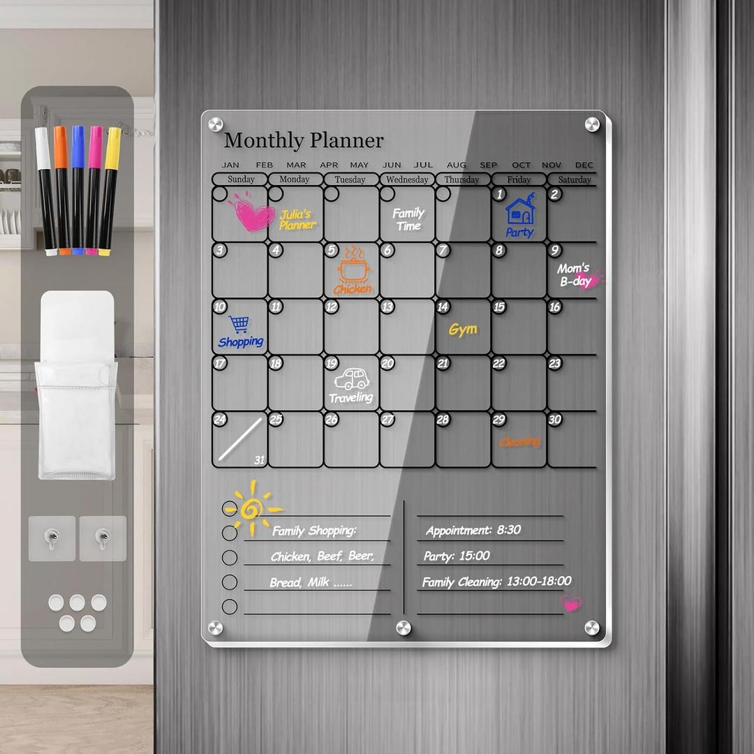 Magnetic Calendar for Refrigerator, Thick Acrylic Fridge Calendar with Strong Magnets, Clear Dry Erase White Board, 2in1 Monthly Weekly Planner, Family Organizer with 5 Color Visible Marker (Black) (12"W x 16"H)