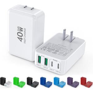 2Pack Flat USB C Wall Charger,40W 4Ports Foldable & Slim Fast Charging Block,Type C Cube Box Multiport Power Adapter Plug Brick Compatible with iPhone 17/16/15/14,Samsung,Pixel, AirPods4,Watch10