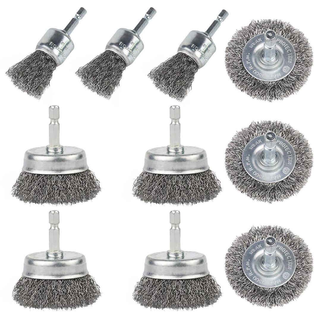 Pack of 10 Wire Brush for Drill, Carbon Steel Wire Wheel Brush, Cup Brush, Pen Brush Set with 1/4-Inch Hex Shank for for Cleaning Rust, Stripping and Abrasive