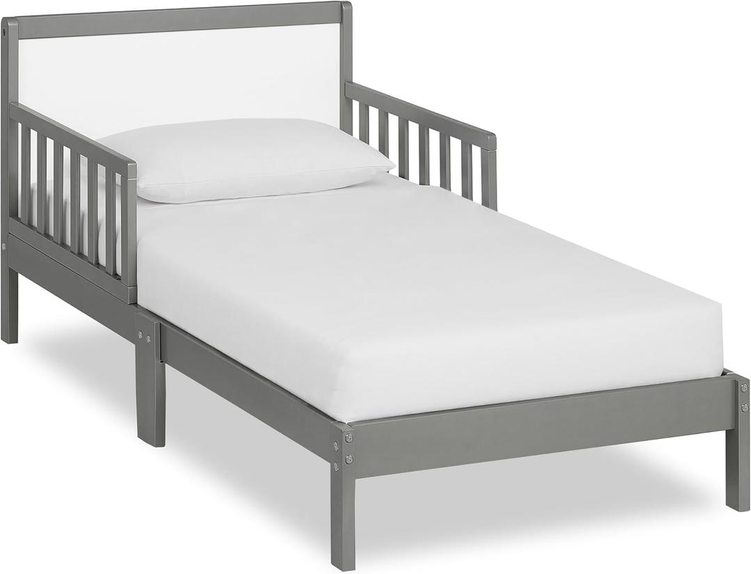Dream On Me Brookside Toddler Bed, Low Floor Wooden Bed, Side Safety Bed Rails, GREENGUARD Gold & BSA Certified, Non-Toxic Paint Finish, New Zealand Pinewood, Up to 50 lbs - Steel Grey/White