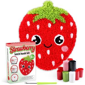 Strawberry Latch Hook Mini Rug Kit, Strawberry DIY Valentine Craft for Kids Adults, Beginner Making Your Own Crochet Carpet, Printed Canvas Yarn Rug Hooking Kit, Cross Sewing, Christmas Gift for Home Decor