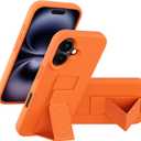LAUDTEC Silicone Kickstand Case Compatible with iPhone 16, Vertical and Horizontal Stand Hand Strap Metal Kickstand Cover, Flexible Soft Liquid Silicone Stand Case for iPhone 16 (Orange)
