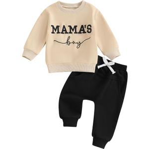 FOCUSNORM Toddler Baby Boy Fall Outfit Mama's Boy Letter Embroidery Sweatshirt Top Elastic Pants Set Cute 2pcs Winter Clothes (Khaki)