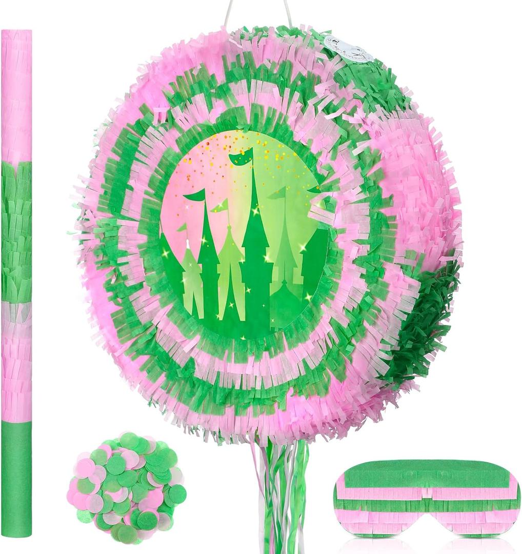 Soulchen Witch Piata 14.2'' Pink and Green Piata Game Set with Stick and Blindfold Princess and Witch Party Favor Pink and Green Party Decor for Birthday Quinceaera Baby Shower Movie Supplies
