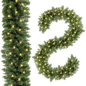 2 Pack 9FT Prelit Christmas Garland Artificial Pine Garland Decoration 50LED Battery Operated Warm Lights and Timer Xmas Garlands Decor Indoor Outdoor (Classic Green)