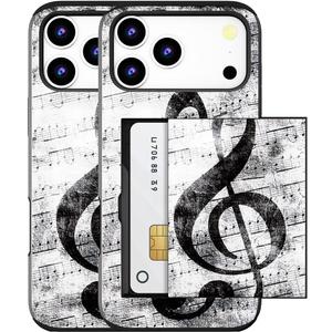 Compatible for iPhone 17 Pro Case with Card Holder Cute - Kawaii Design Military-Grade Drop Protection Rugged Wallet Cases for Women (Black Music Note Musical)